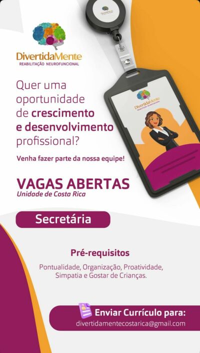 Imagem da notícia Oportunidade: Clínica DivertidaMente abre vaga de secretária em Costa Rica